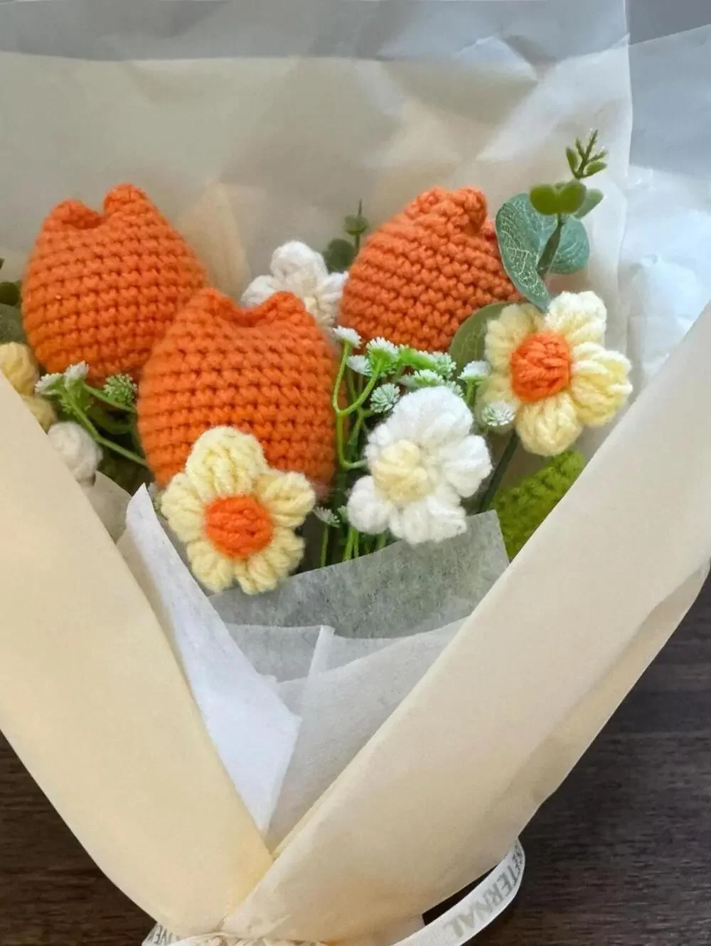 Fake Tulip Bouquet, Cream Tissue Wrapped, Non Wilting Flowers, Crochet Home